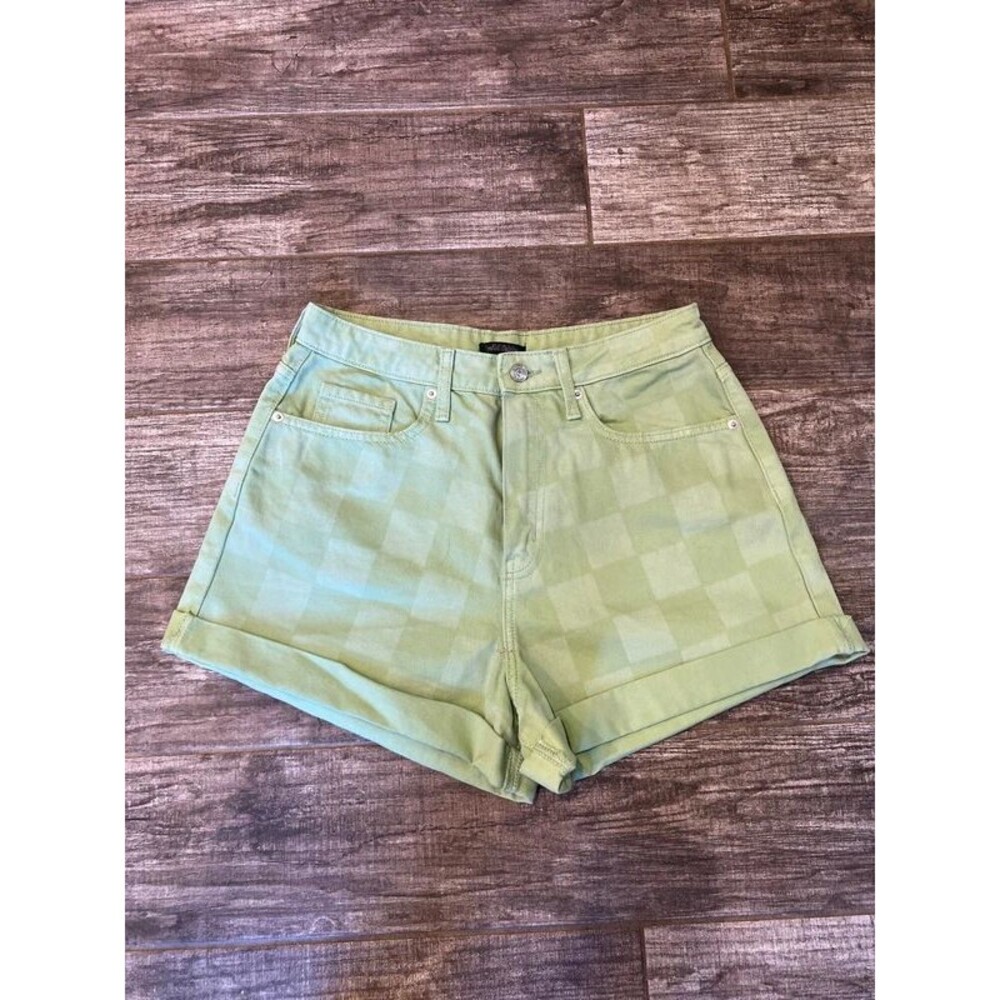 Green checkered denim shorts